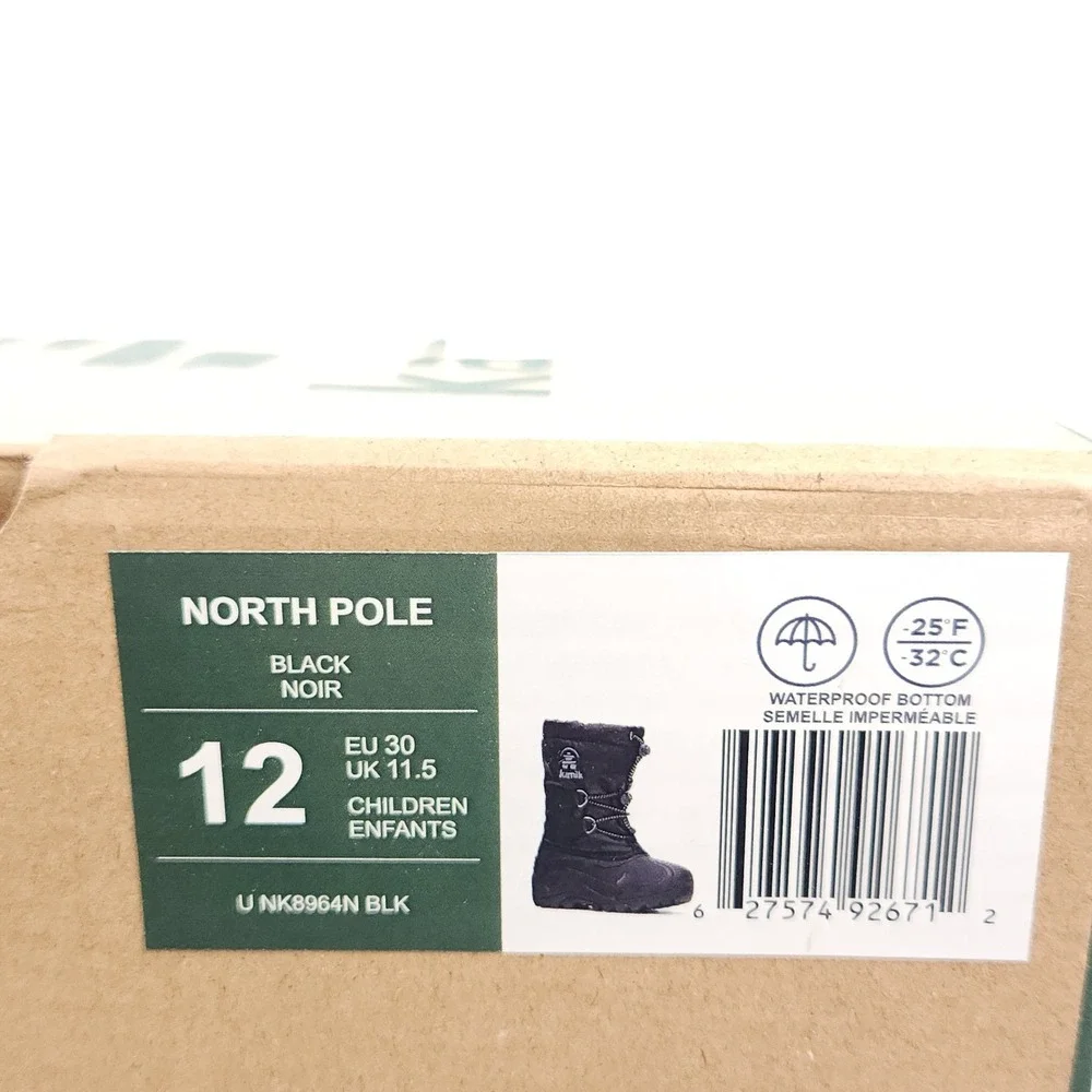 Kamik North Pole Winter Boots Kids Size 12 Black Waterproof Insulated Snow Boots